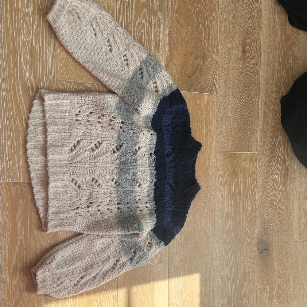 Elegant Knit Sweater with Navy and Gray Stripes